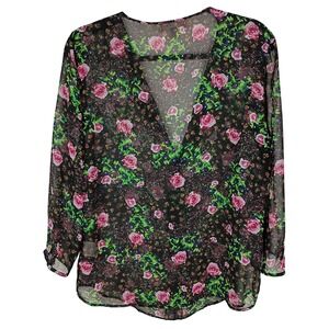 Philosophy Republic Clothing Floral Sheer V-Neck Blouse Black Pink Rose Size M